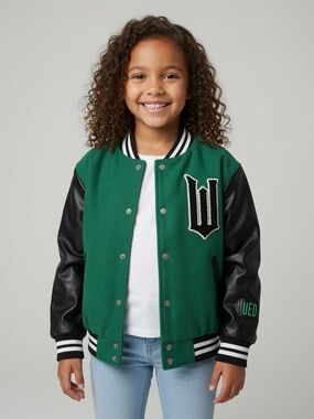 Wicked Justice Green Varsity Jacket Black Leather Sleeves Girls Size S 7/8